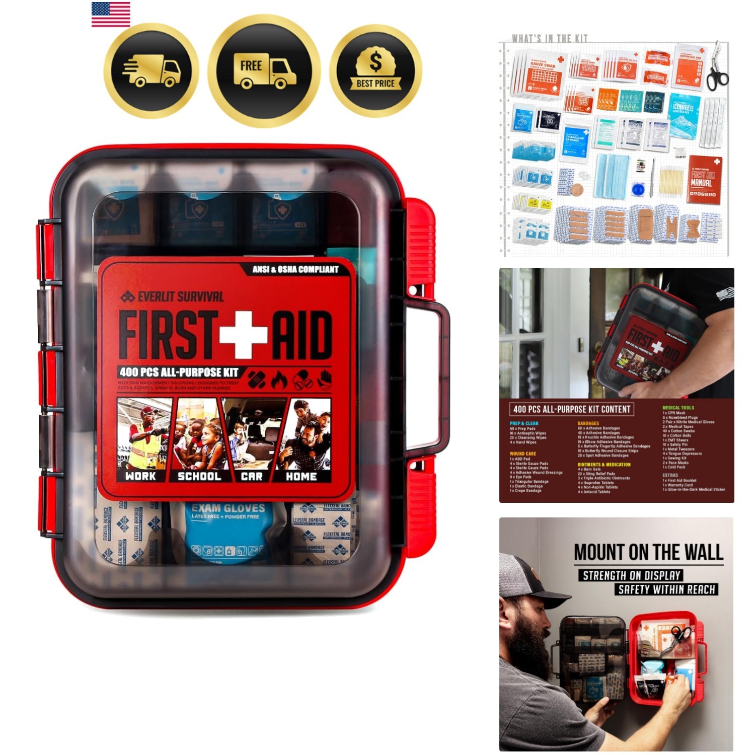 400 Pcs OSHA/ANSI Compliant First Aid Kit Type III Class A Medical Kit Profes…