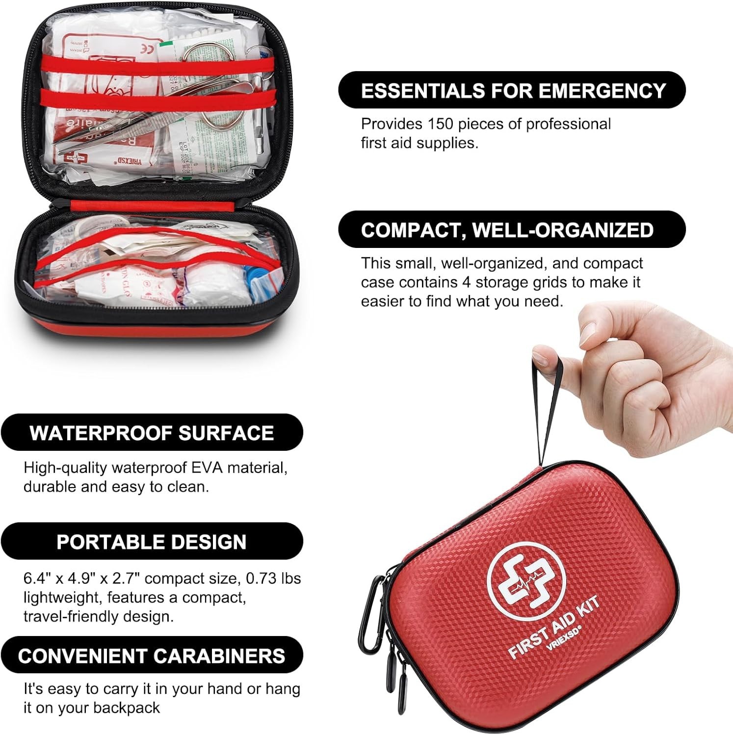Mini First Aid Kit – 150 Piece Small Waterproof Hard Shell Medical Kit-Red
