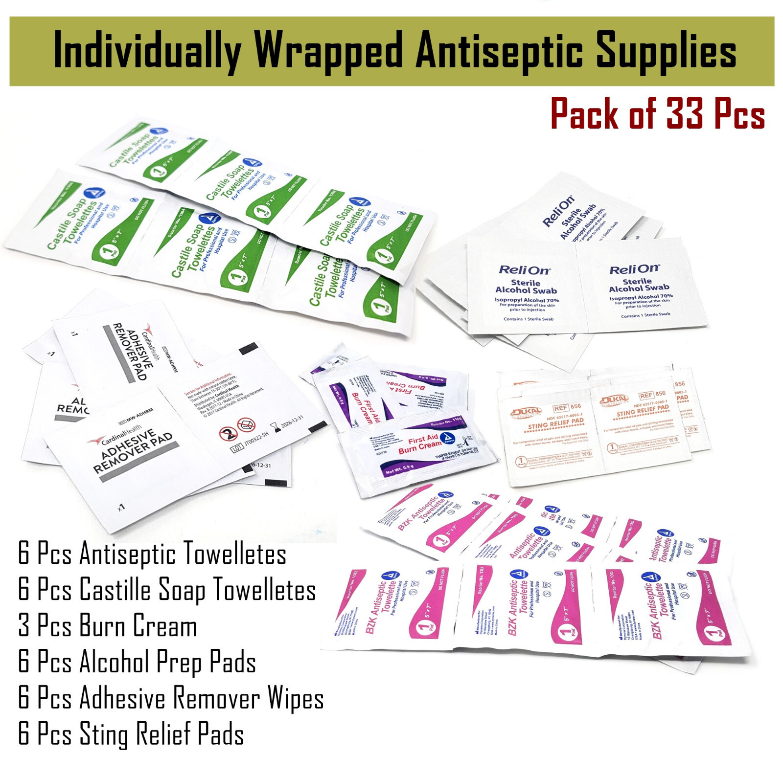 33 Pcs First Aid Kit Refill – Cleansers & Antiseptics Wipes Emergency Supply