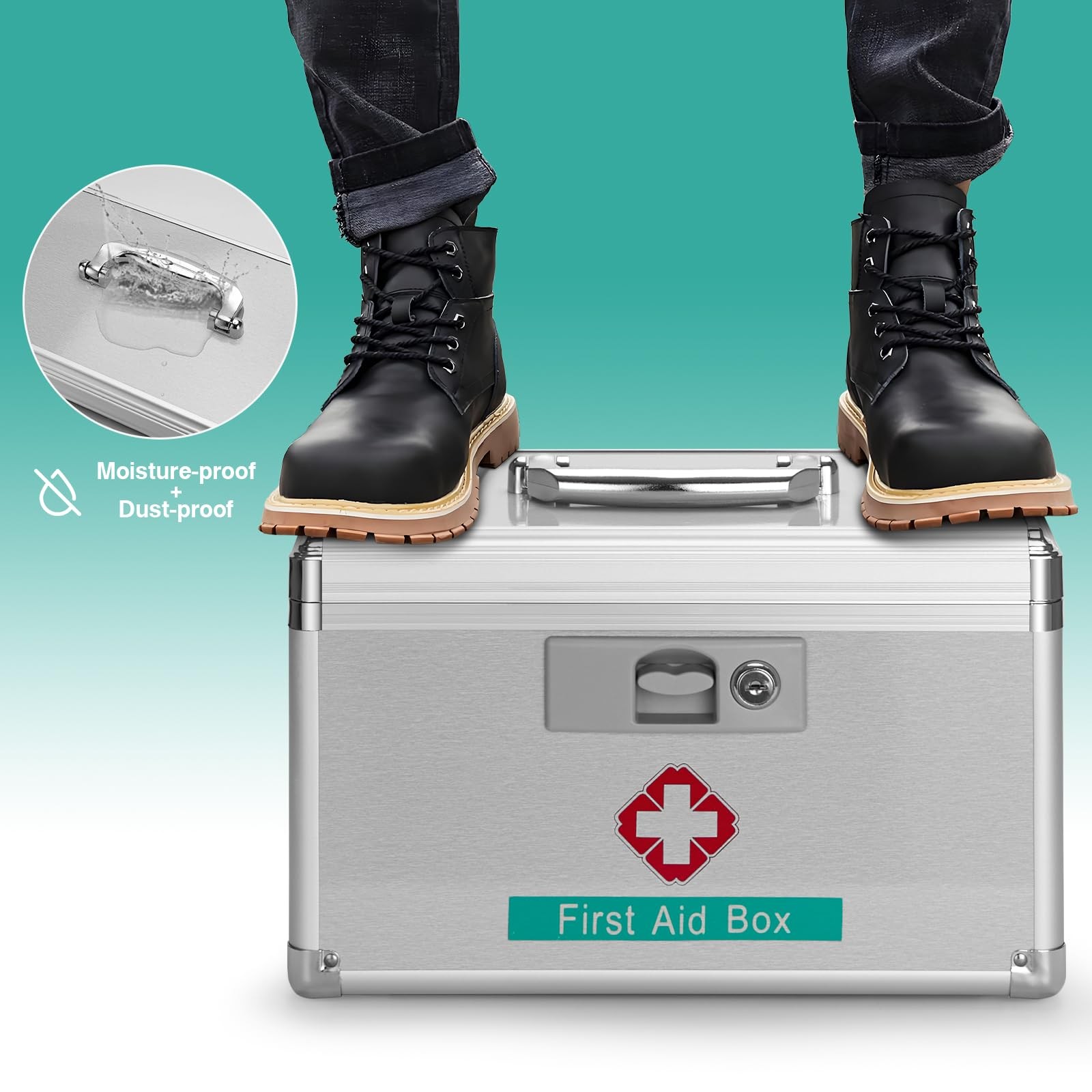 Metal Medicine Storage Box with Key, 10 x 6 x 6.7” First Aid Small, Silver
