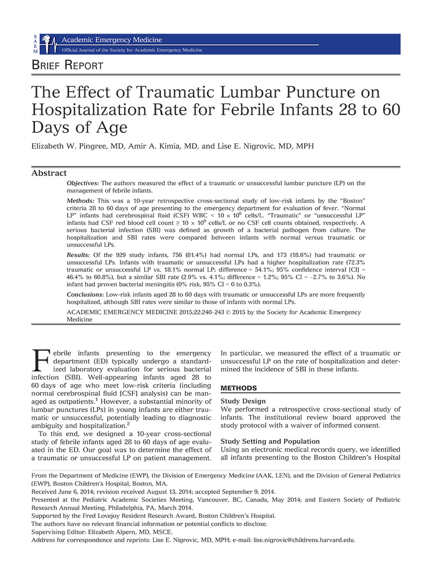 AEM The Effect of Traumatic Lumbar Puncture on Hospitalization Study